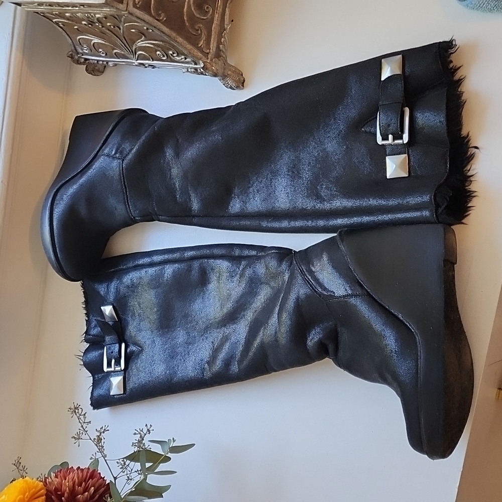 Michael kors black leather and faux fur knee high wedge boots sz 7